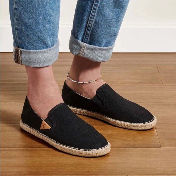 Olukai kaula Pa‘a Kapa Linen Espadrilles Collapsible Heel Black Women’s 7.5 - Picture 1 of 8